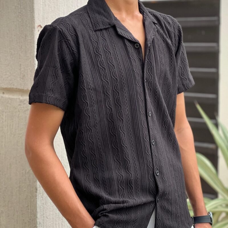 Textured Black Cuban Collar Shirt