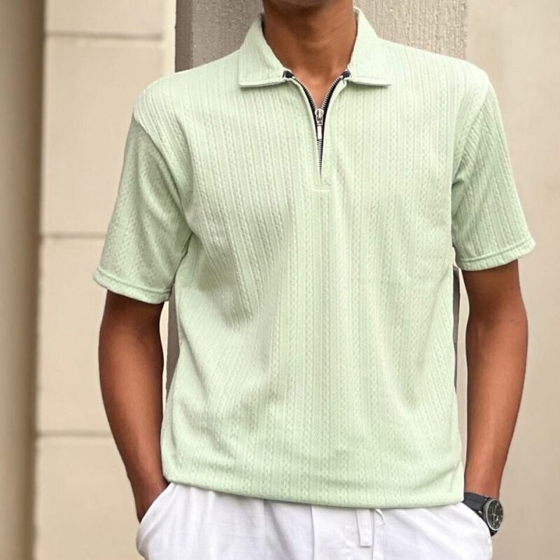 light green, short-sleeved polo shirt